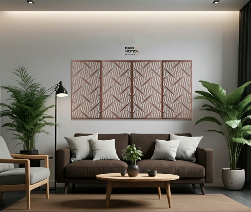 ACOUSTIC MOTION® Wooden MDF Wall Art Decor Panels, VISUALNOISE Design with Double-Face Tape, Modern  darker brown  Wall Hanging for Home, Living Room, Bedroom, Office & Hotel, 25×50×0.5 cm, 4-Piece Set - Image 1
